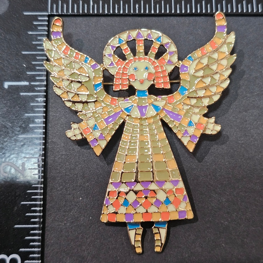 Angel Fairy Brooch Pin Green Enamel Stained Glass Mosaic Style Gold Tone Cottage - Picture 2 of 5